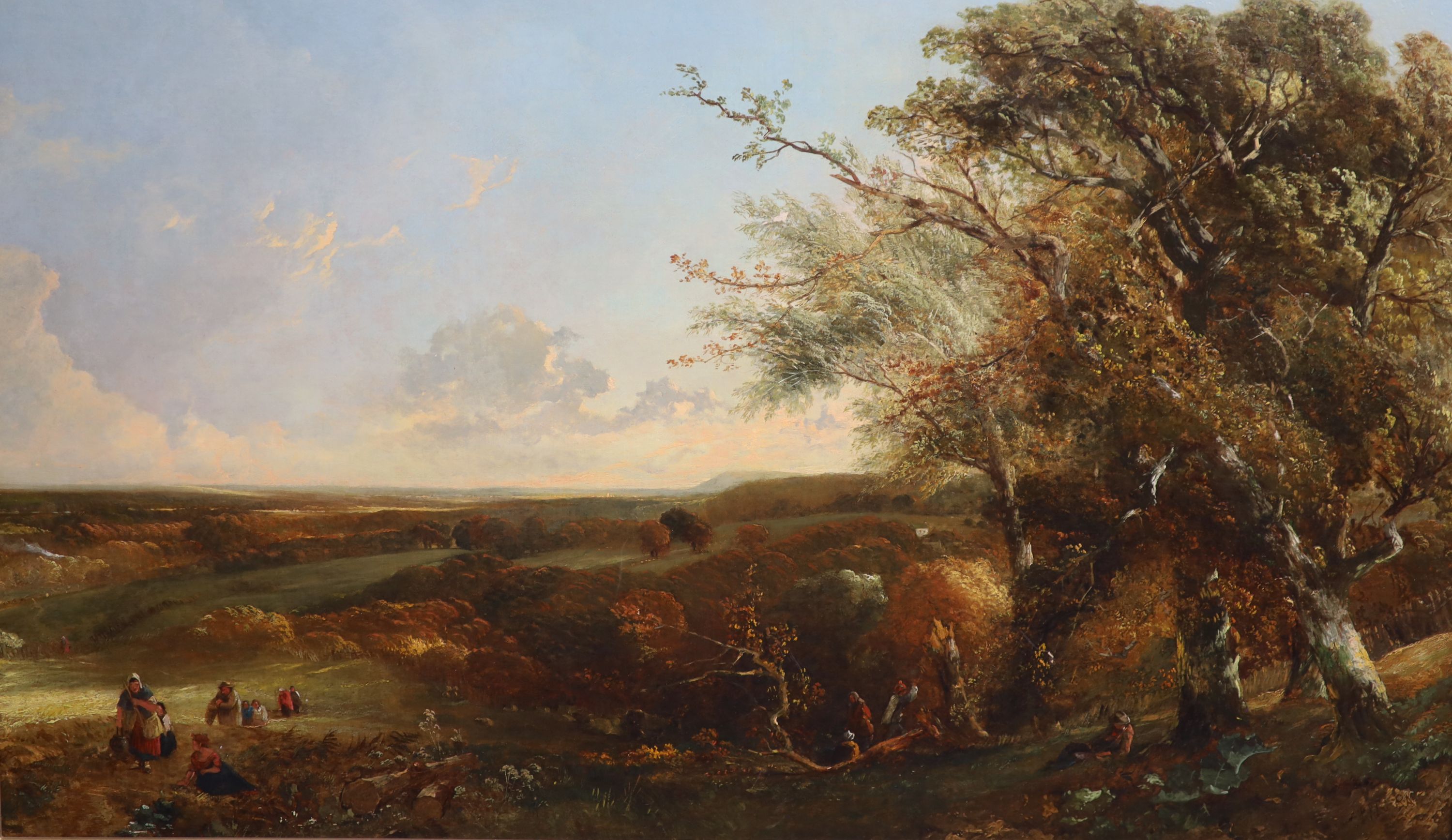 Frank Richard Lee RA (1798-1879), Extensive landscape with figures in woodland and coming home from the fields, oil on canvas, 55 x 93cm
